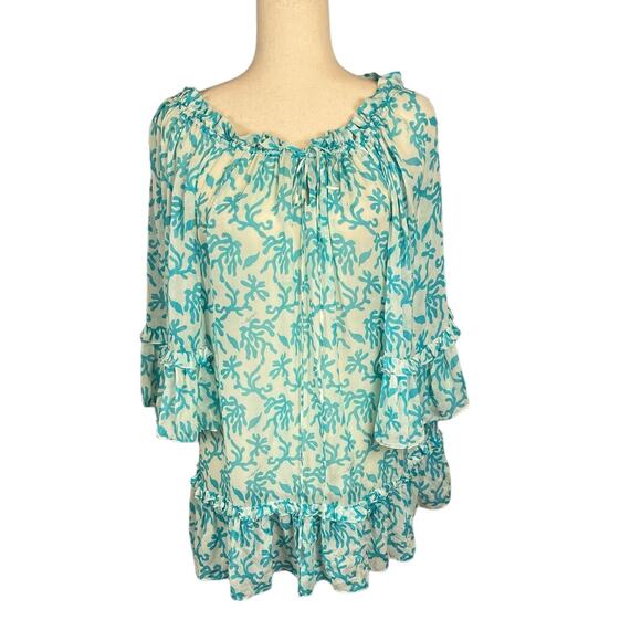 Milly Cabana 100% Silk Swimsuit Sheer Cover-up Teal White Small - Picture 1 of 7